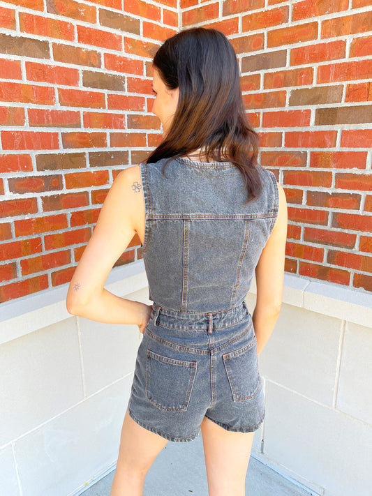 V-Neck Sleeveless Denim Romper