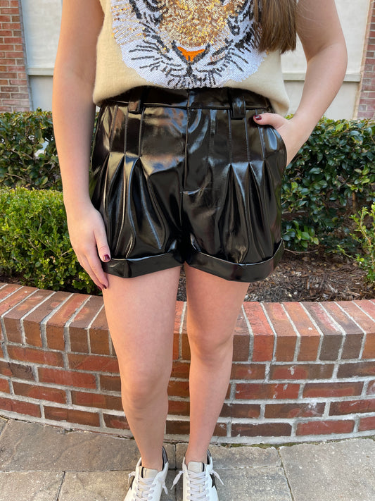 Pleated Faux Leather Shorts