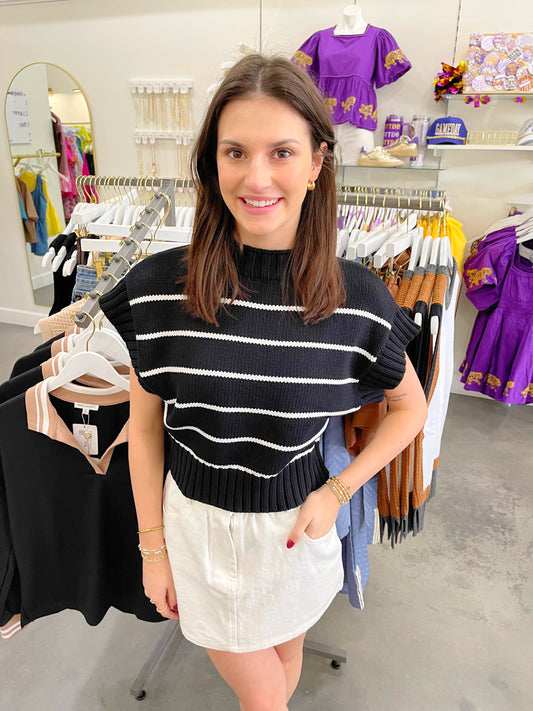 Striped Crop Mock Neck Sweater