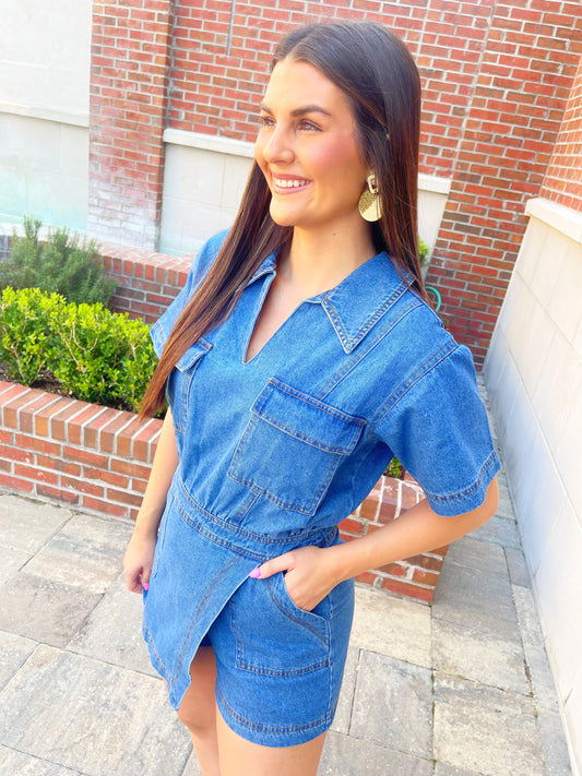 Wrap Front Denim Romper