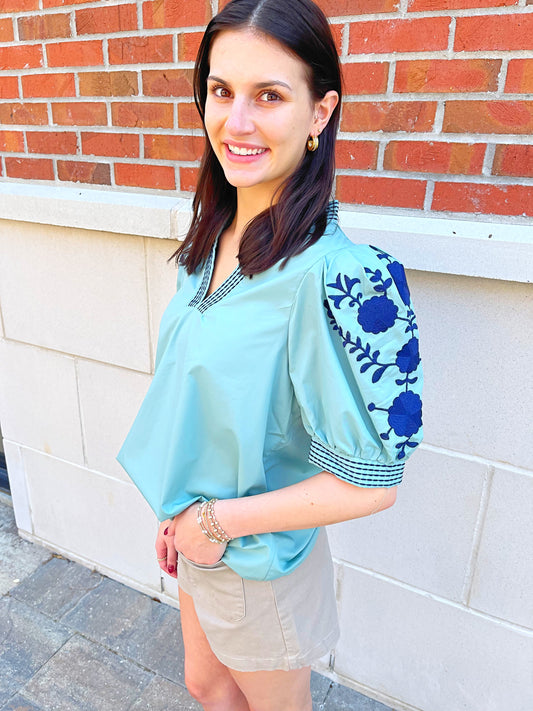 V-Neck Embroidered Sleeve Top