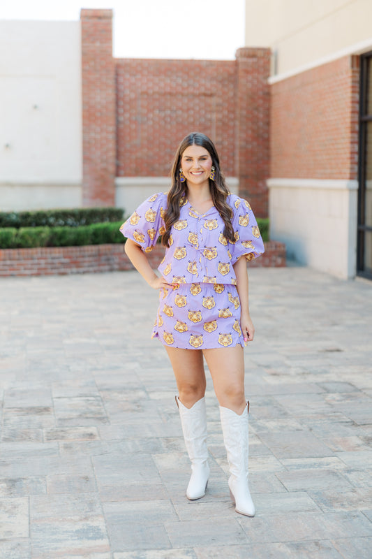 The Poplin Puff Sleeve Tiger Tie Top