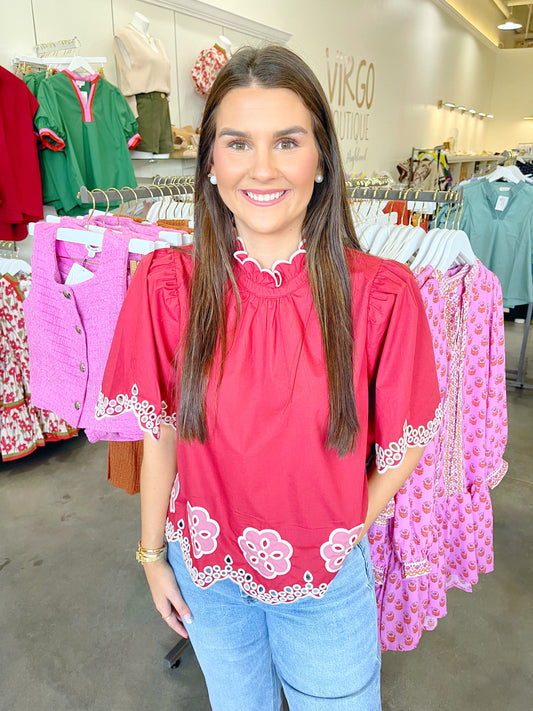 Embroidered Flutter Sleeve Top