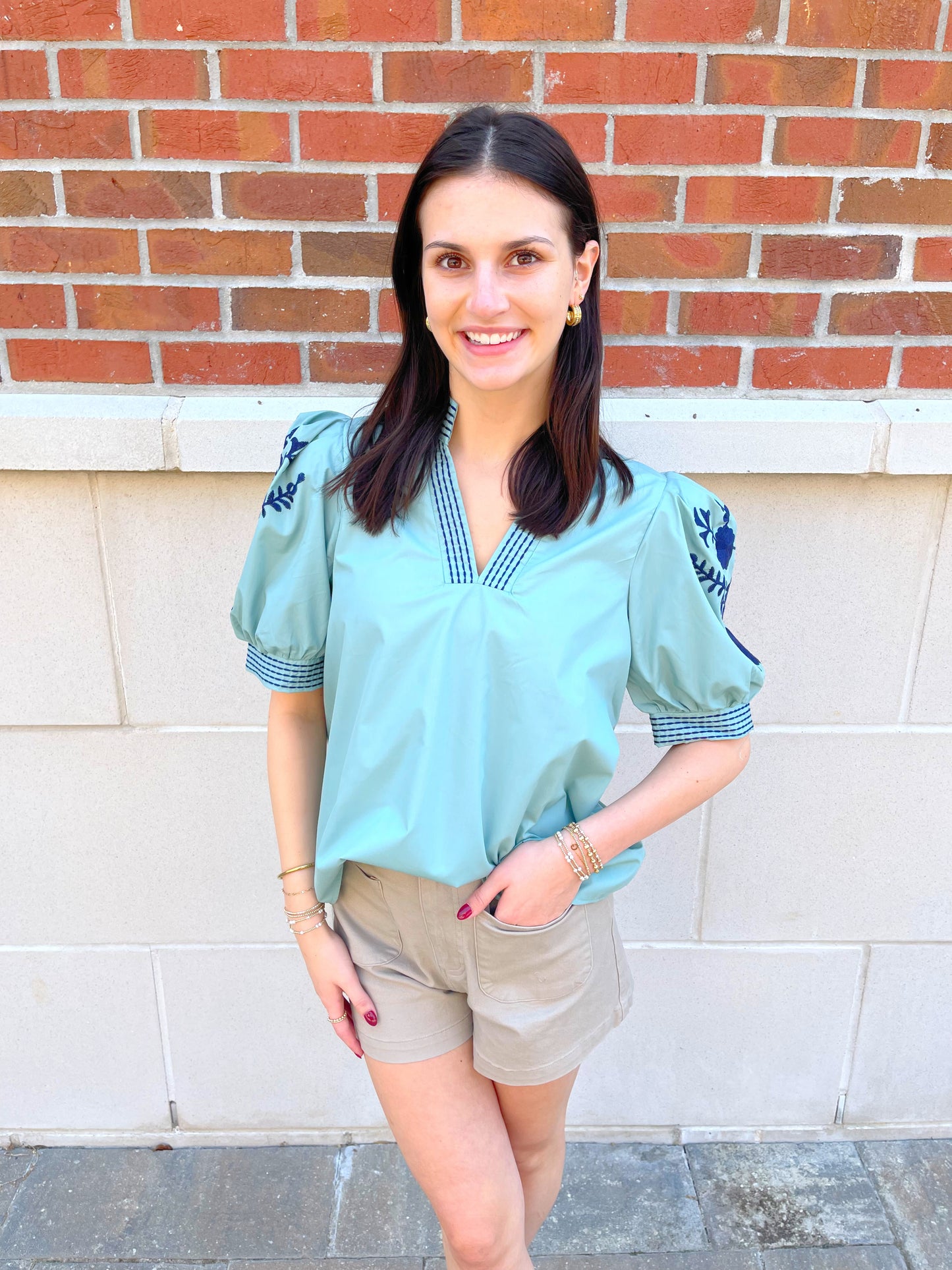 V-Neck Embroidered Sleeve Top