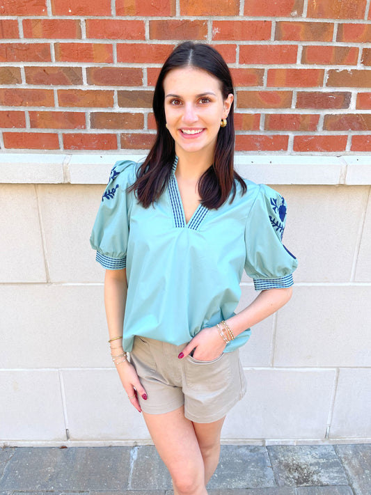 V-Neck Embroidered Sleeve Top