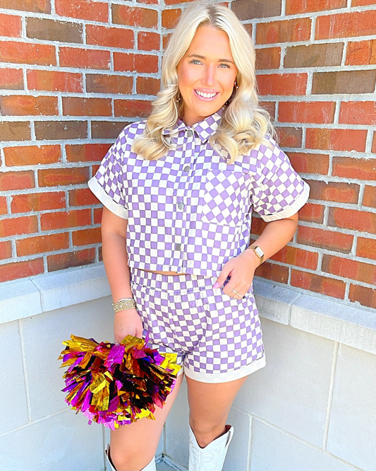 Checkered Denim Short Sleeve Top