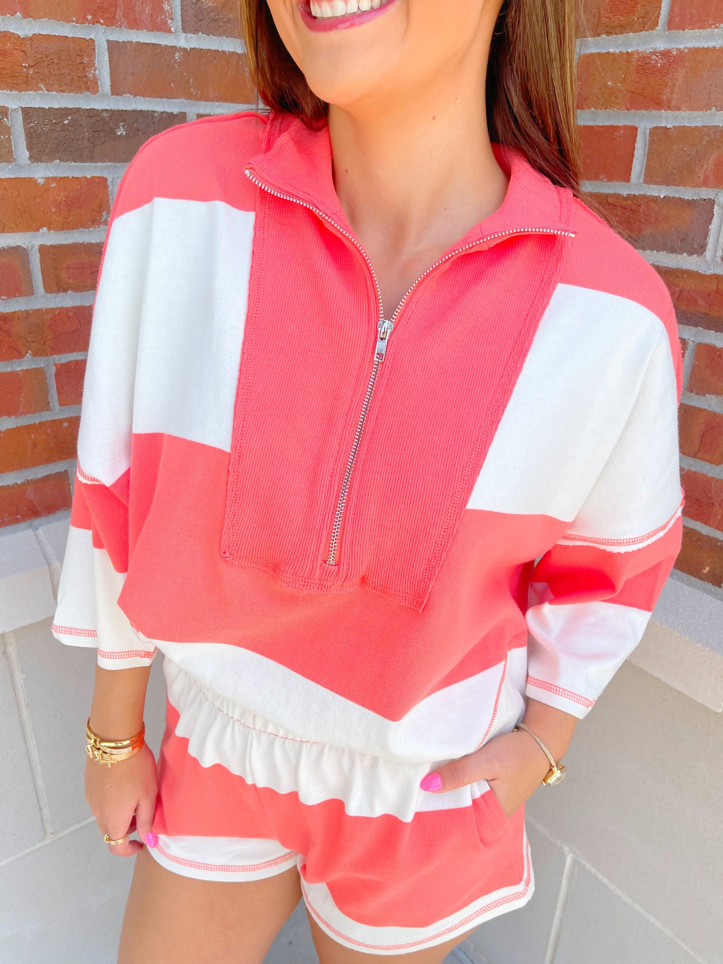 Striped Half Zip Top & Shorts Set