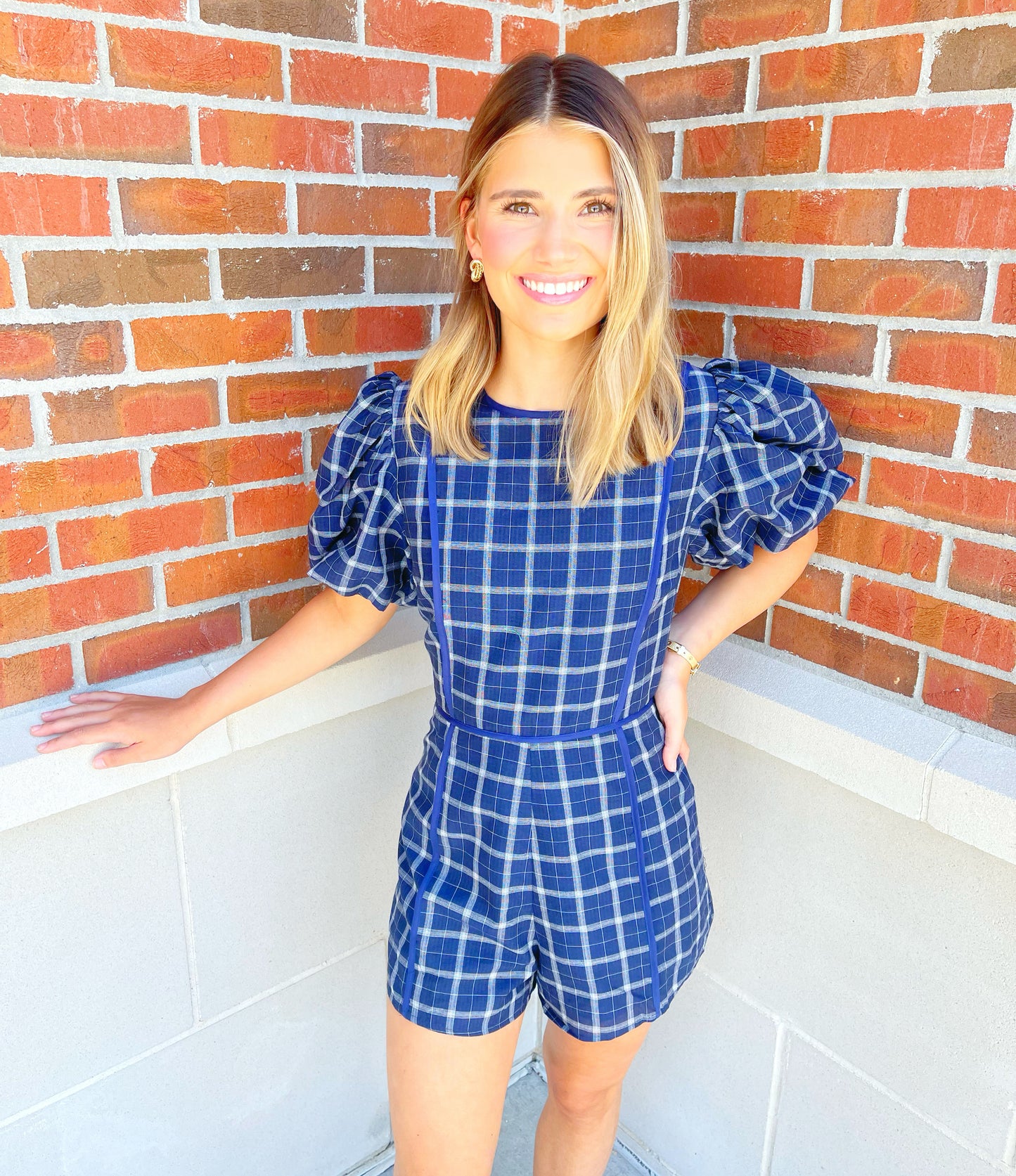 Plaid Puff Sleeve Romper