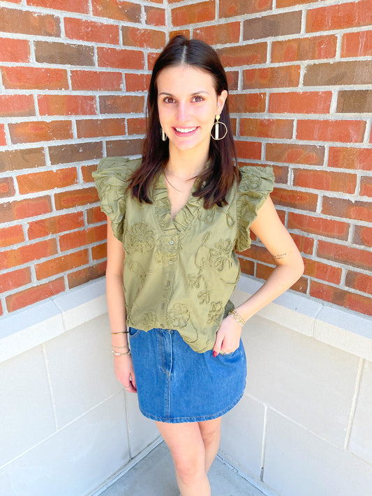 Floral Appliqué Ruffle V-Neck Top