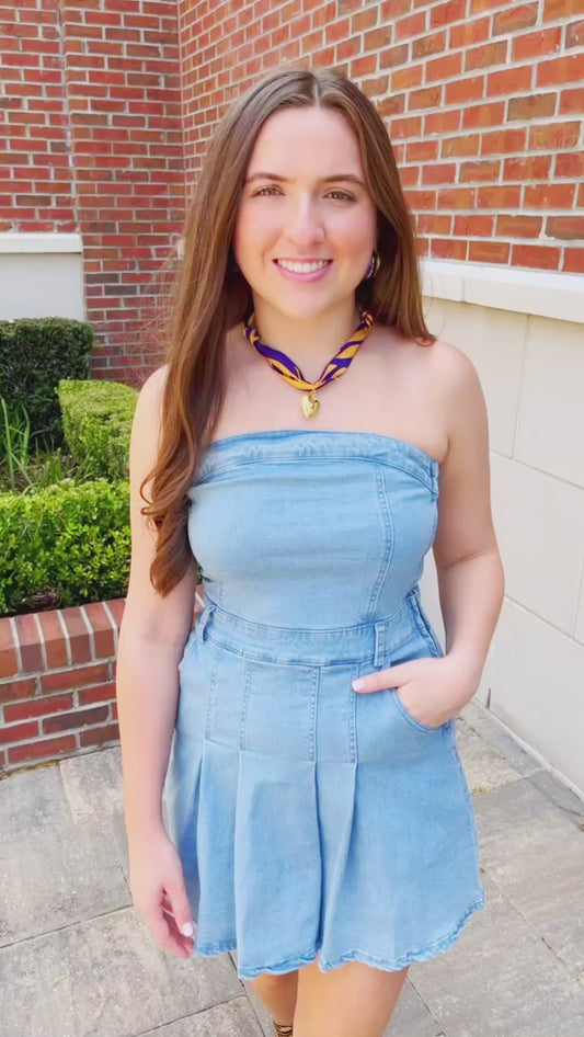 Strapless Pleated Denim Romper